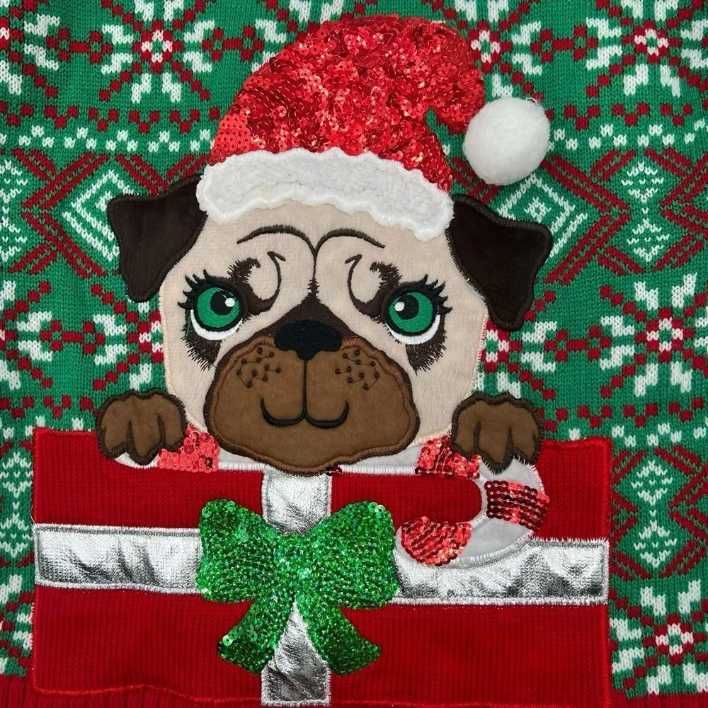 Girls Holiday Christmas Sweater Pug Dog Sequin Green It’s Our Time Size XL Cute